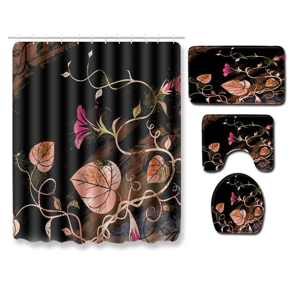 BOYOUTH 4Pcs Cartoon Colorful Leaves Pattern Digital Print Shower Curtains Sets with Bath Mat,Contour Rug,Toilet Lid Cover for Bathroom Decor