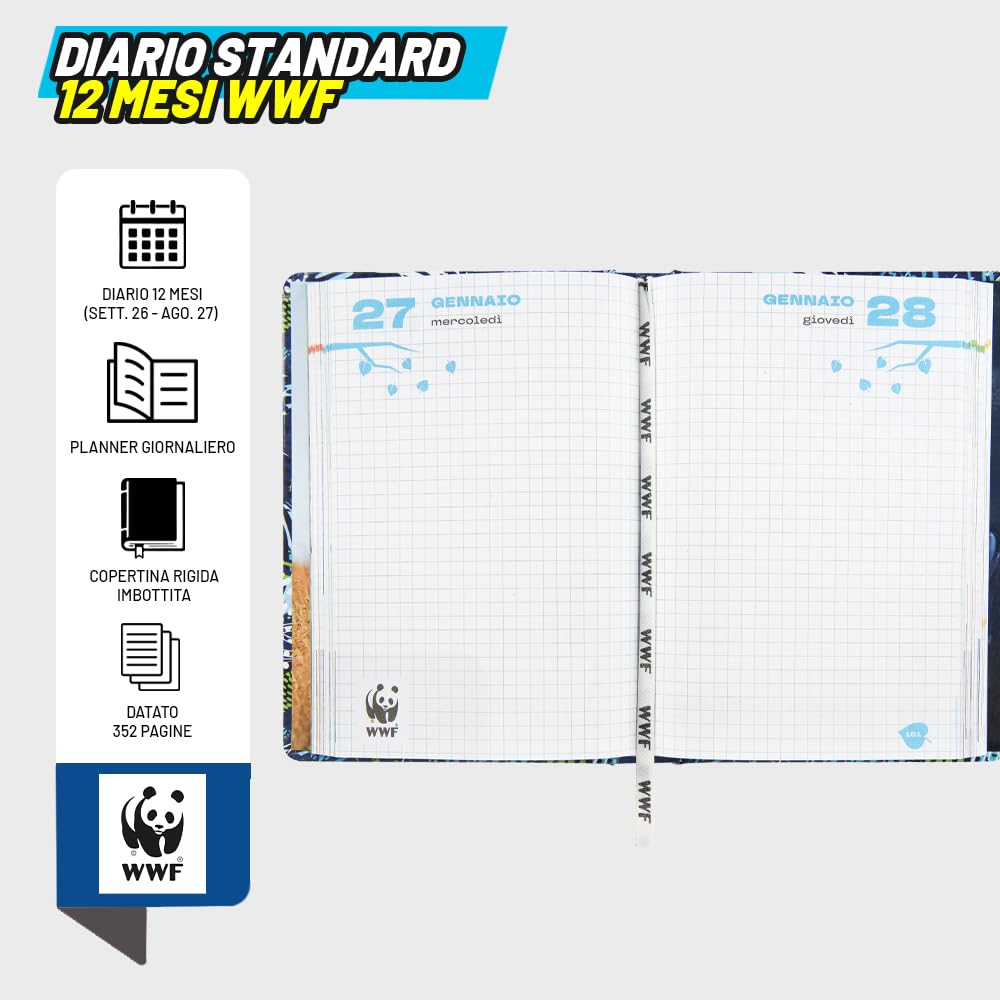 WWF Diario Scuola 2026-2027 Ufficiale, Diario Scolastico Copertina Rigida 352 Pagine 13 x 17,8 cm
