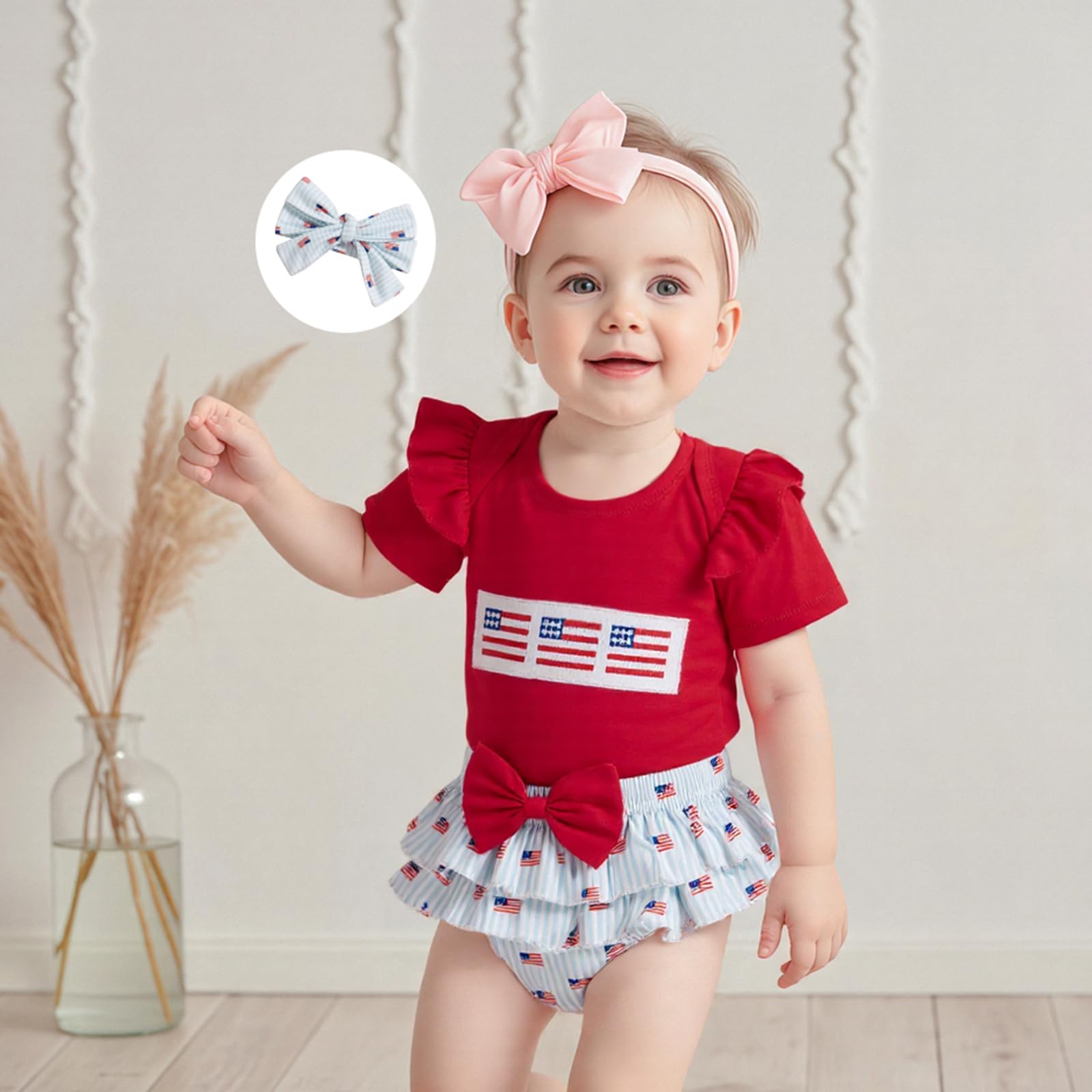 Bonangber Baby Girl 4th of July Outfit Short Sleeve Romper American Flag Ruffled Shorts Set Newborn 4th of July Outfit(C-Red,6-9 Months)