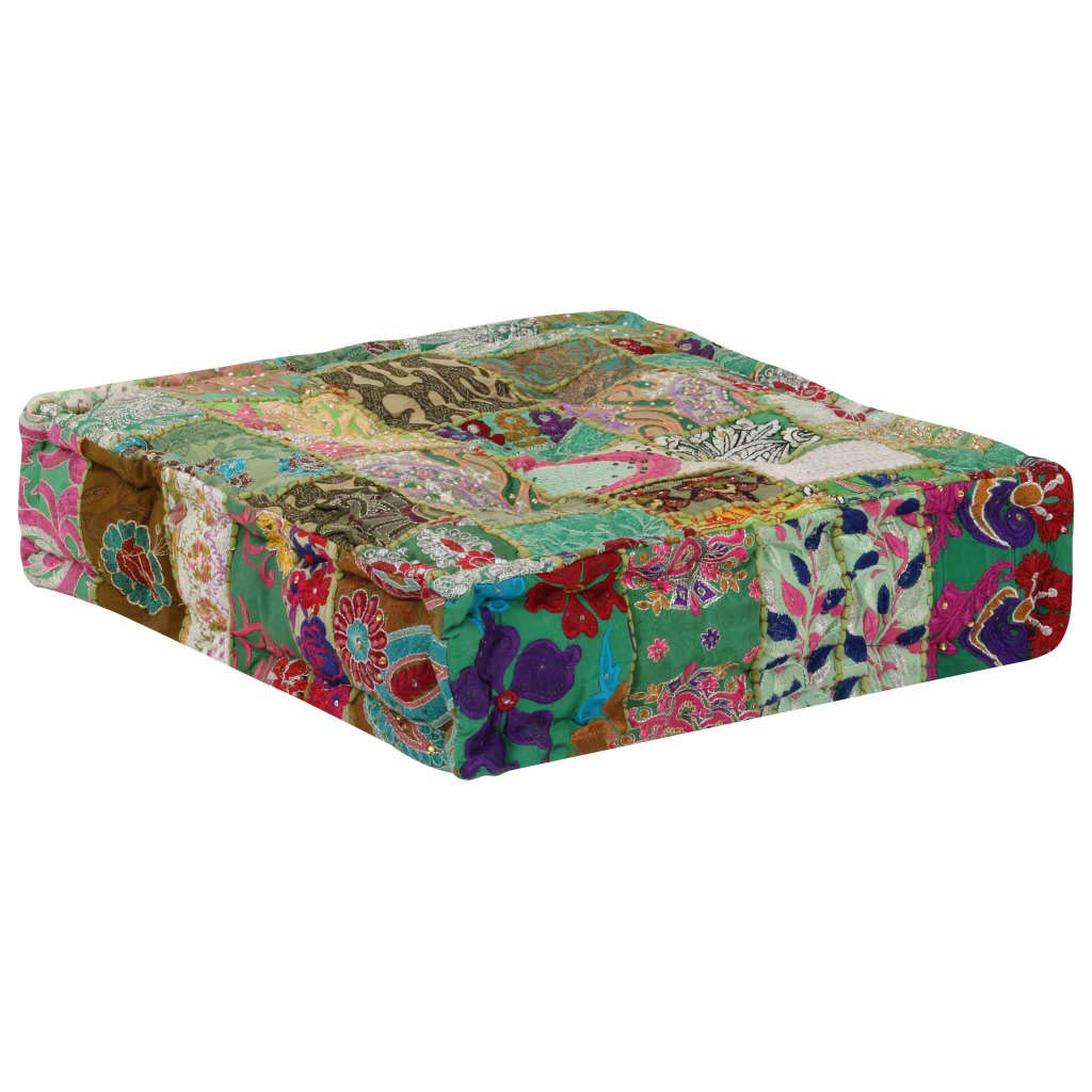 vidaXL Pouf Flickwerk Quadrat Baumwolle Handgefertigt 50×50×12 cm Grün