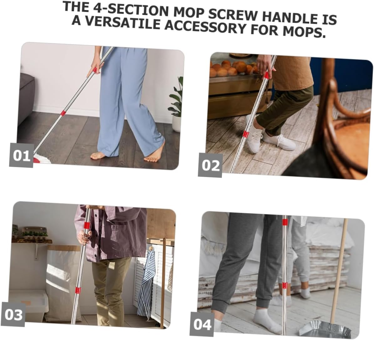 Cabilock 1set Stainless Steel Mop Replacement Handle Four-Section Mop Pole for Easy Floor Cleaning and Convenient Accessory