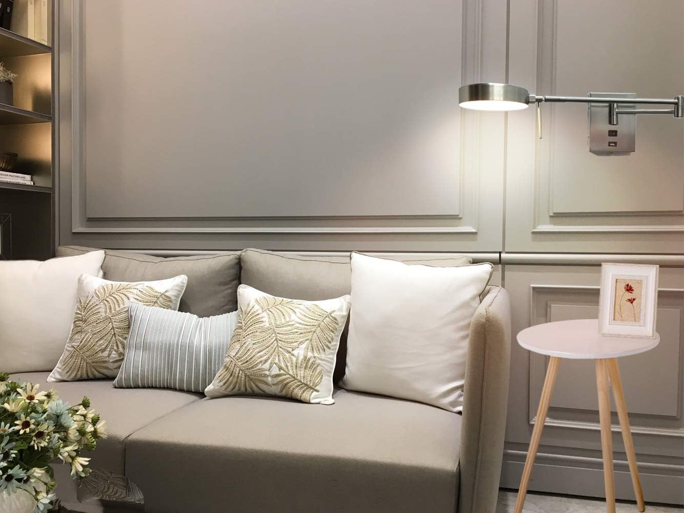 HomeFocus LED Swing Wall Lamp with USB Charging Port,Eye-Caring Bedside Reading Wall Light,Wall Light,Wall Sconces,Wall Lamp for Bedroom,Living Room,Hotel,LED 5W 3000K,Metal,Satin Nickel.