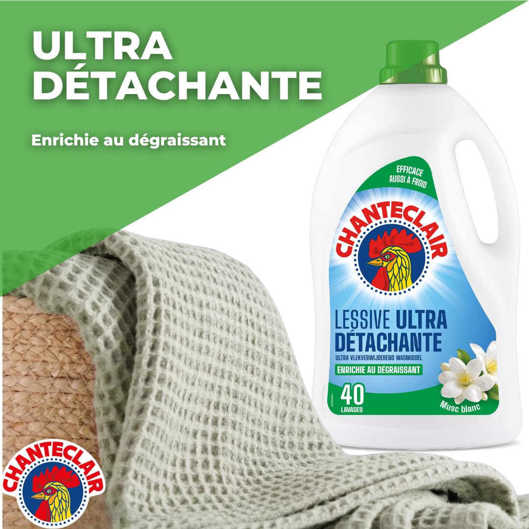 Chanteclair - Lessive Liquide Concentrées Musc Blanc, Enrichie au Dégraissant, Ultra Détachantes et Efficaces aussi à Froid, 40 lavages - 8x 1800 ml