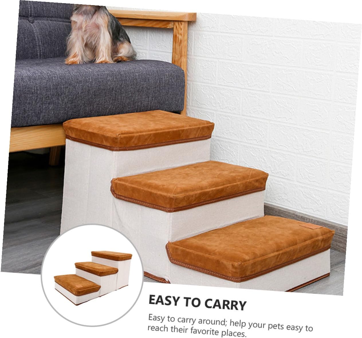 Foldable Three-Step Pet Stair Ladder for Puppies Dogs Brown Compact Dog Ramp for Indoor Use Space-Saving Storage Pet Steps for Small to Medium