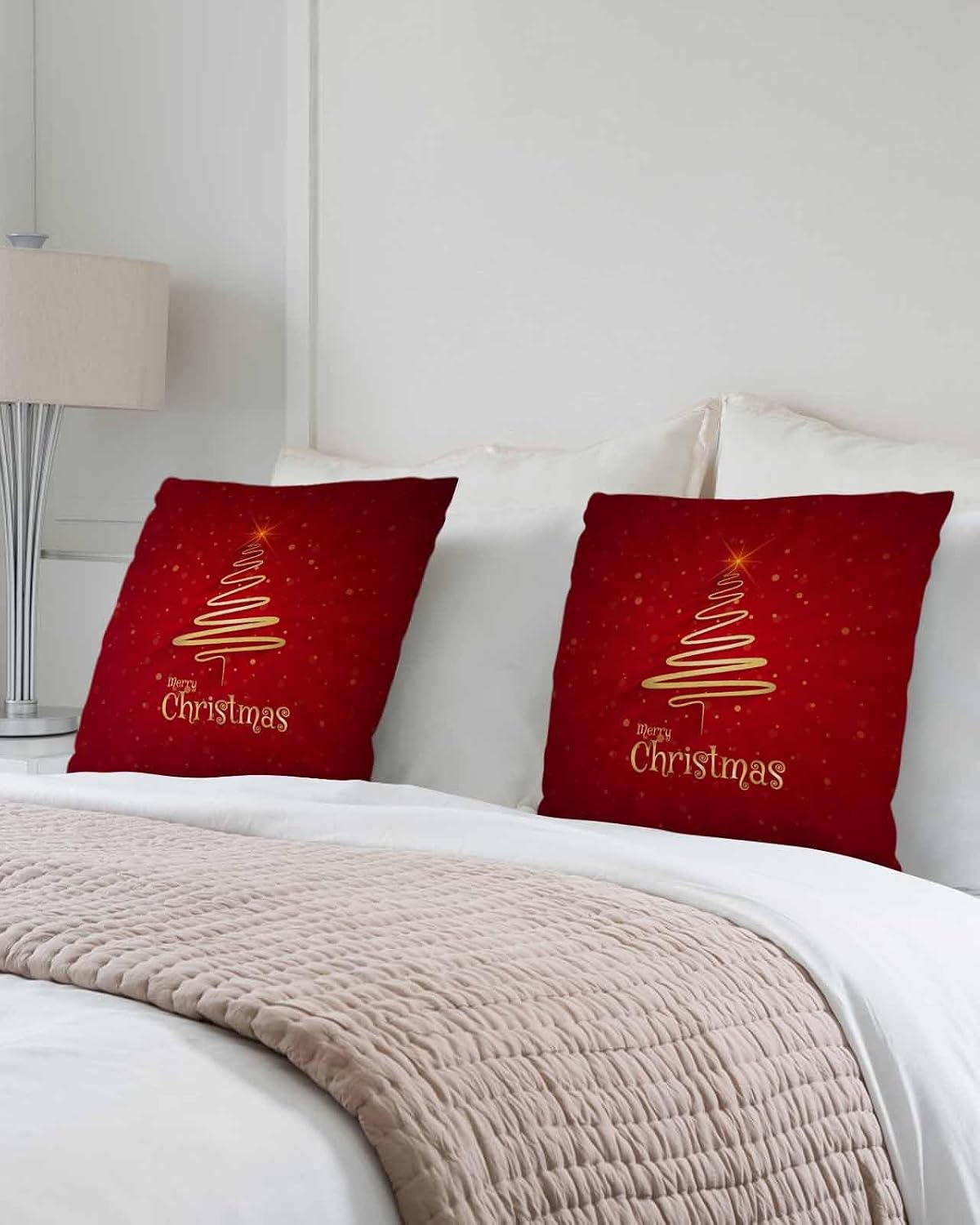 JasmineM Merry Christmas Tree Pillow Covers 18x18 Inch Set of 2, Christmas Decorations Red Gold Outdoor Throw Pillow Covers, Winter Holiday Square Pillowcases for Patio Sofa Couch Bedroom Decorative