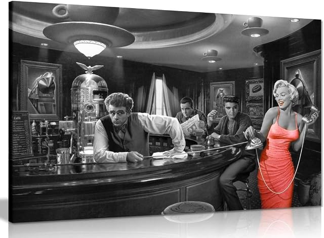 Marilyn Monroe Elvis Presley James Dean Red Dress Black & White Canvas Wall Art Picture Print (18x12in)