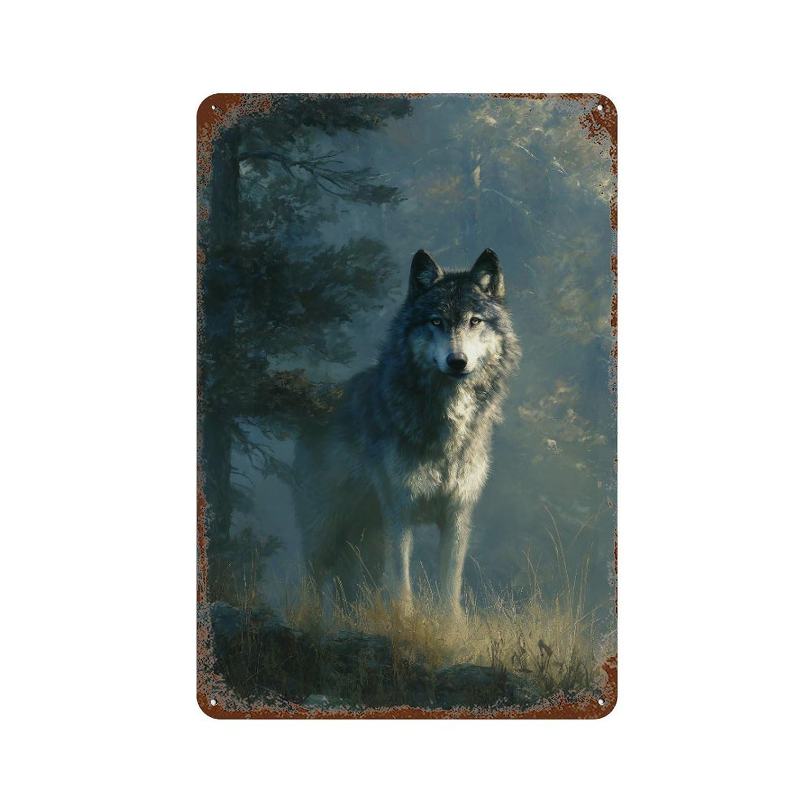 Wolf in Misty Forest Vintage Wall Sign 11.8"x7.9", Rust Effect Metal Decor for Office, Studio And Wall Decor