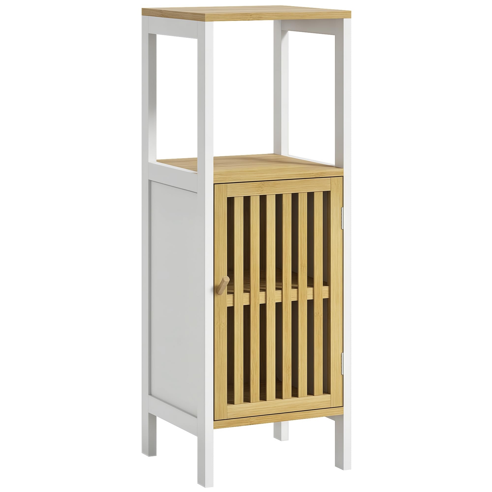 HOMCOM Bathroom Floor Cabinet Cupboard - White - Bamboo - Adjustable Shelf - Slim Storage