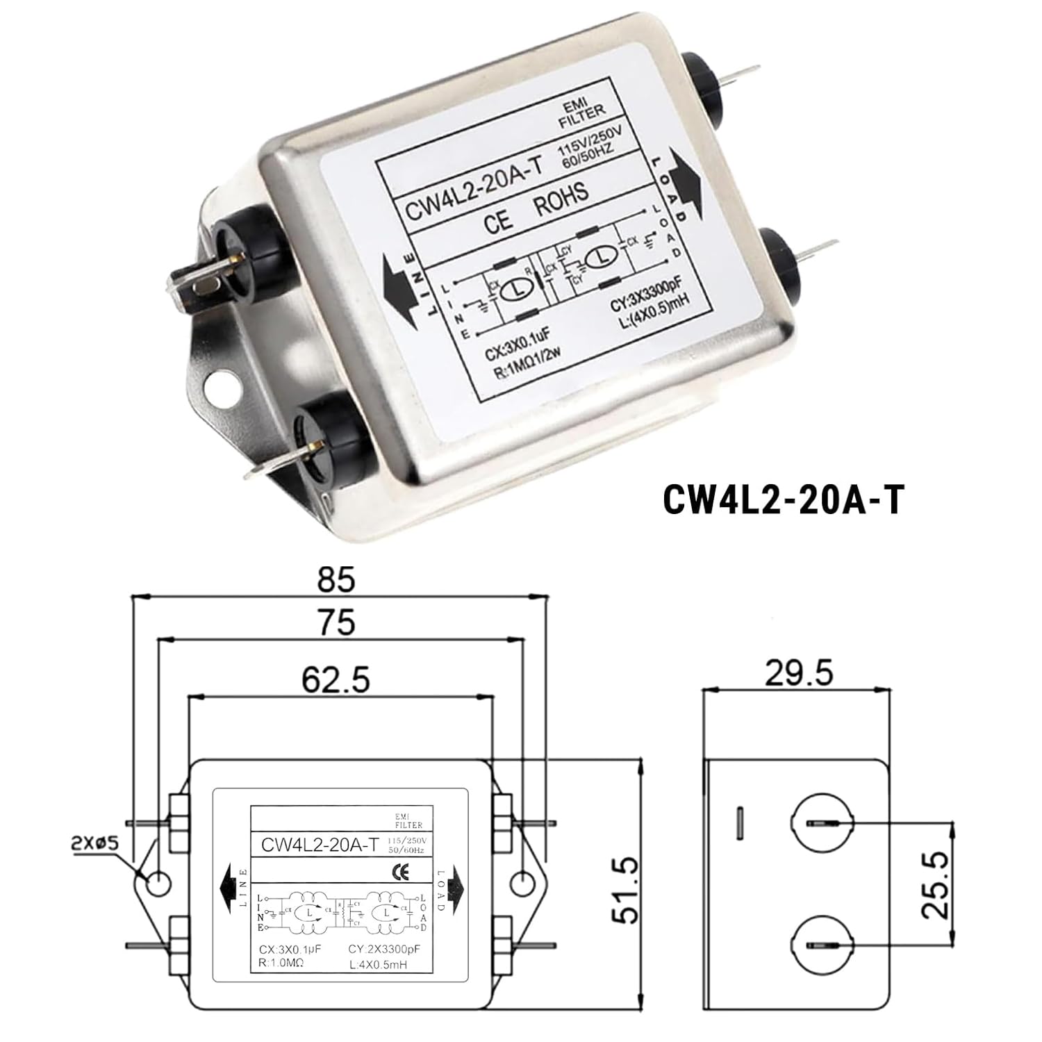 Fyearfly Filtre Emi de Ligne D’Alimentation, 115V/250V 20A 50/60Hz Cw4L2-20A-T Module de Filtre Emi avec Trou de Vis de Montage
