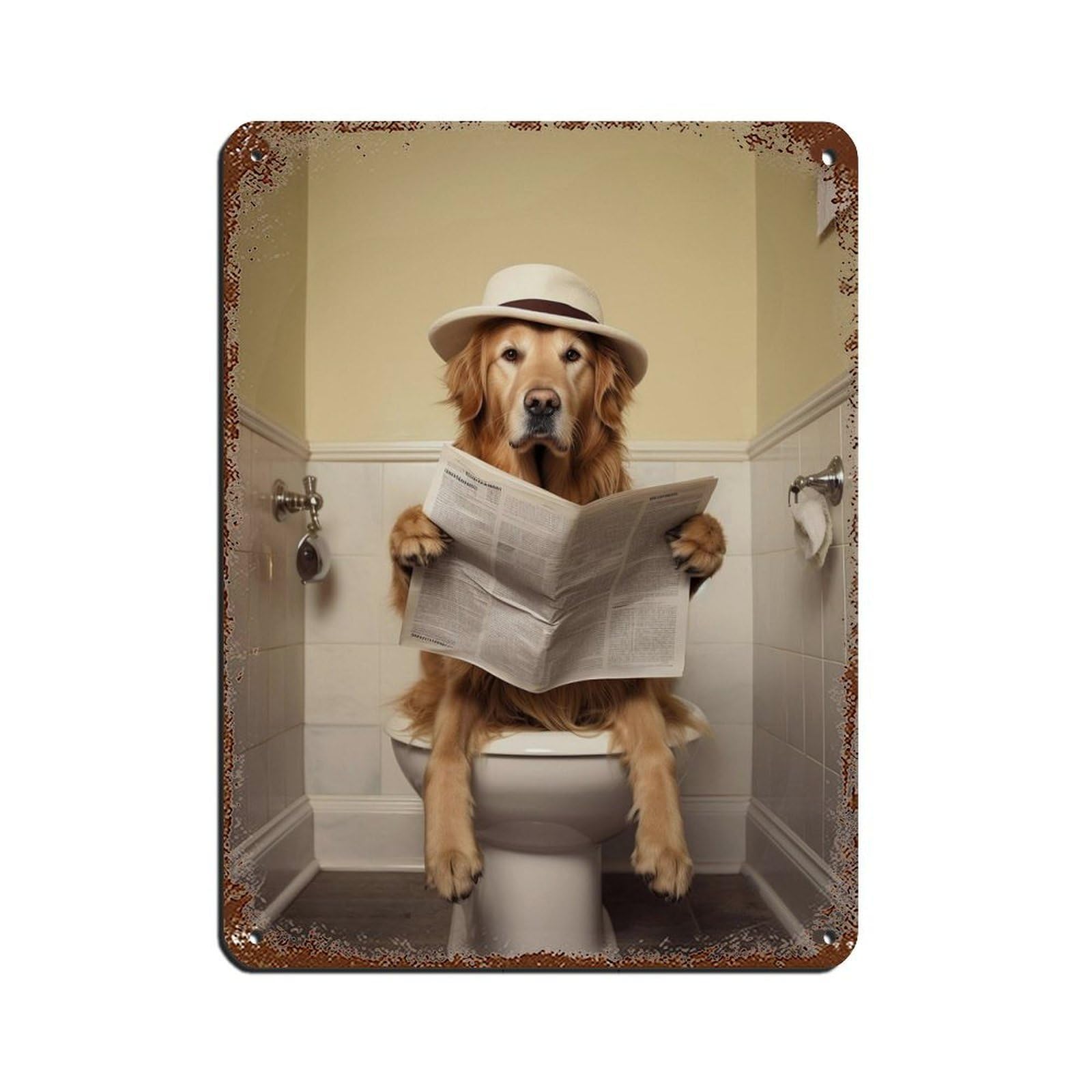 Lxwnze 30L X 40W Cm Golden Retriever, Funny Bathroom Decor Tin Sign Vintage Metal Pub Club Cafe Bar Home Wall Art Decoration Poster Retro 12X16inch(30X40cm)