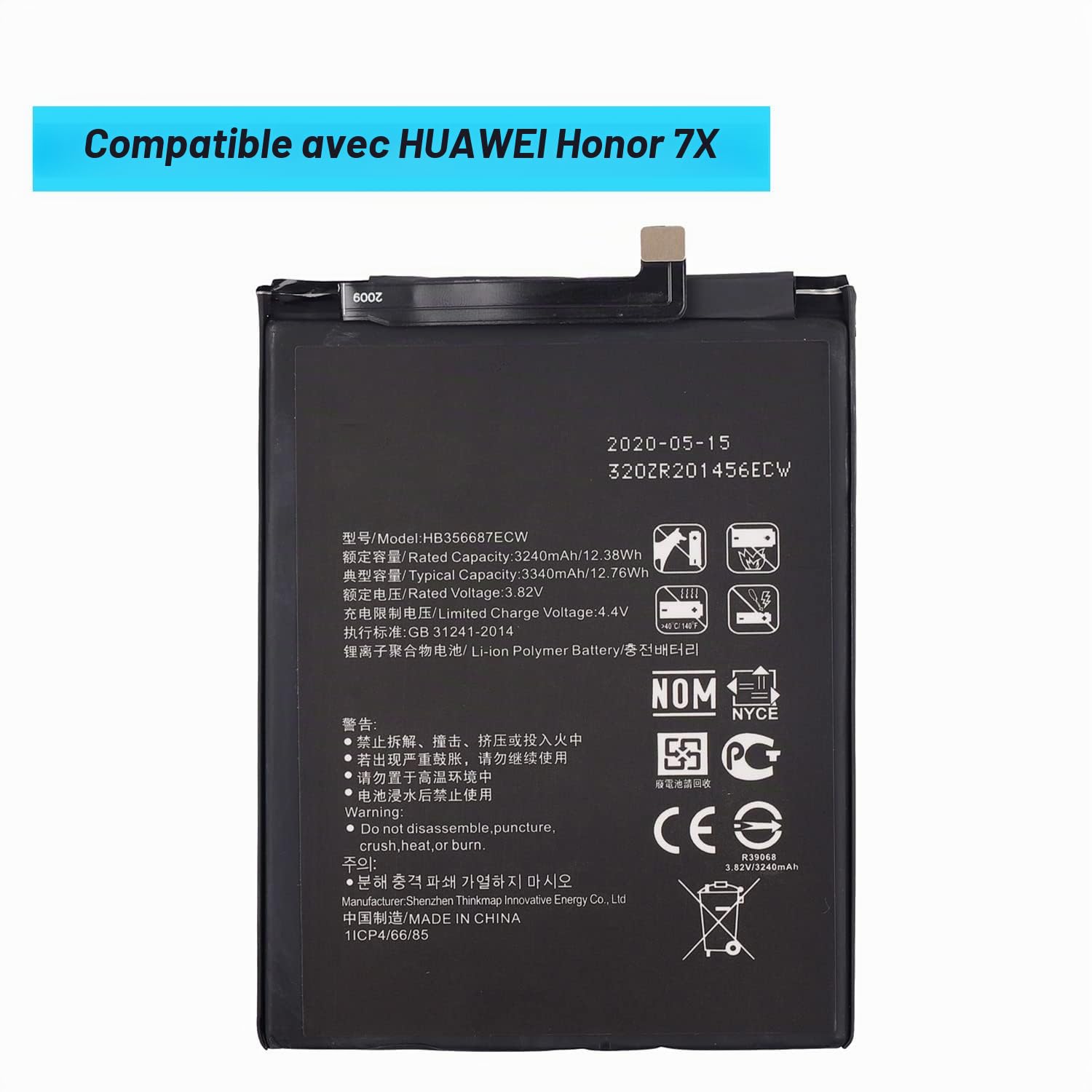 HB356687ECW Batterie compatible avec Huawei P30 Lite Mate 9 Lite Nova 2 Plus/Nova 4E Honor 7X / Nova 2 Plus Mate 10 lite avec kit d'outils - Ne convient pas pour Honor x7