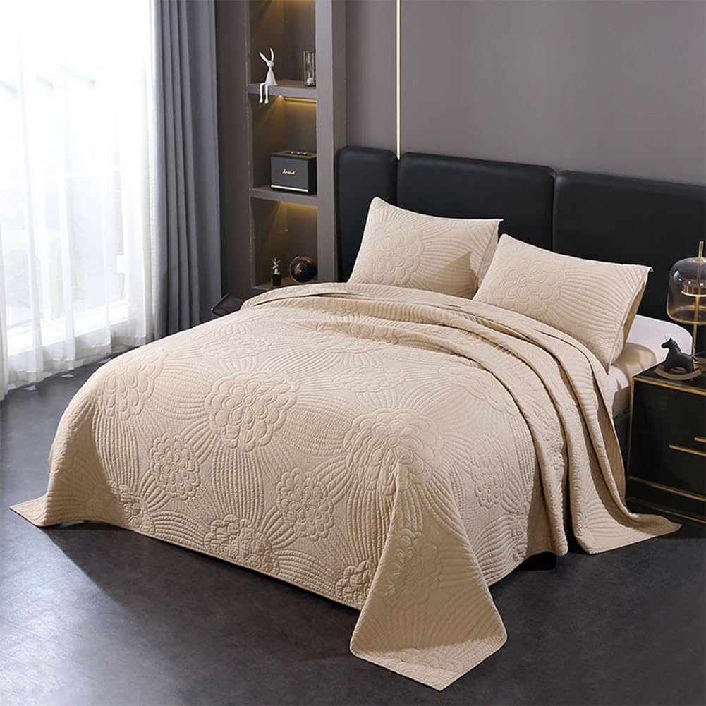 MiDuoHU Quilted Bedspread Cotton with Embroidery with 2 Pillowcases, Soft and Comfortable Bed Throw Coverlet Set for All Seasons(Khaki,224x234cm)