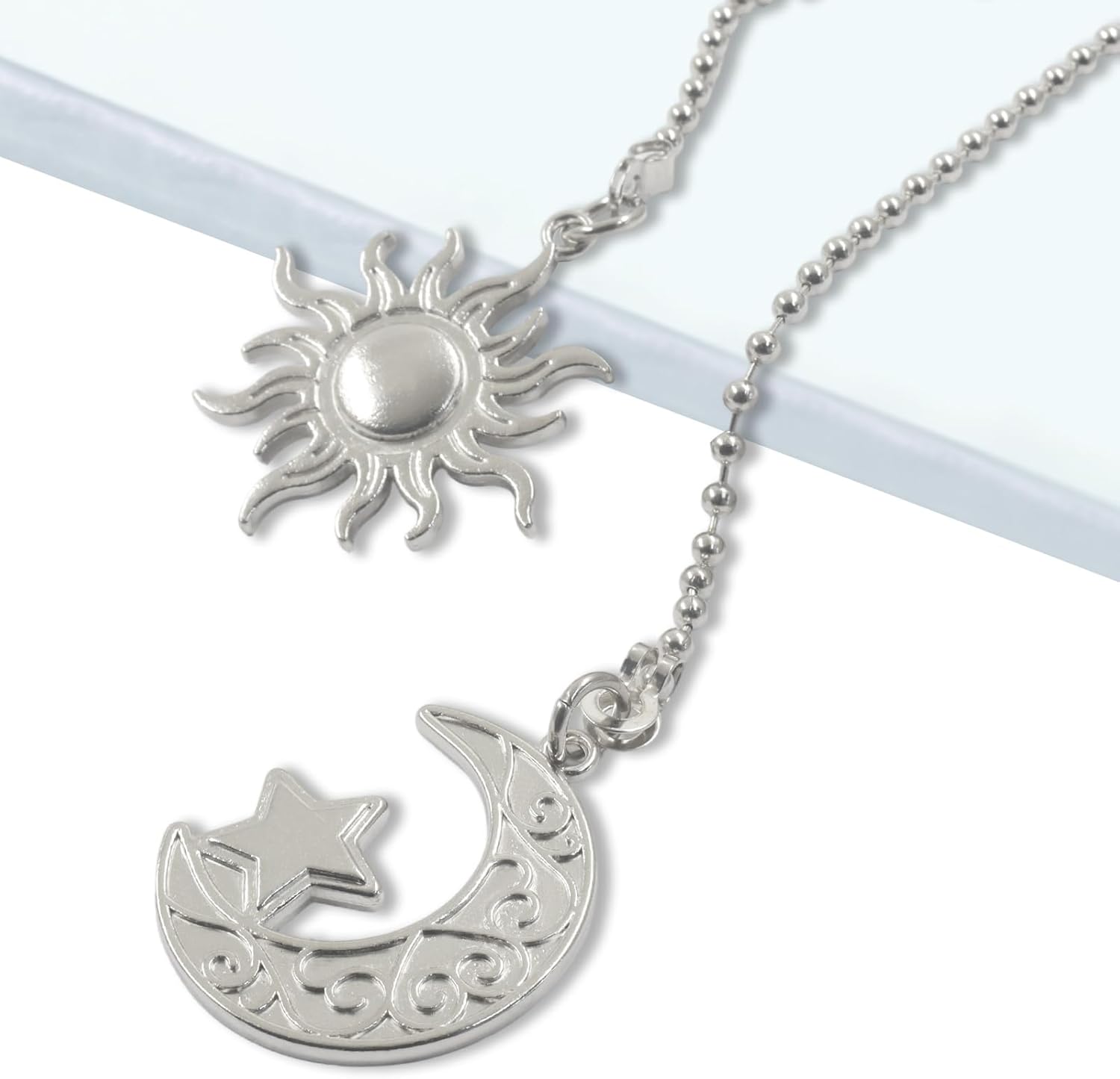 Ceiling Fan Pull Chain Set, Decorative Extension with Moon and Sun Connector, Ornamental Beaded Ball Pendant for Lighting Fixtures and Fan Controls (Silver)