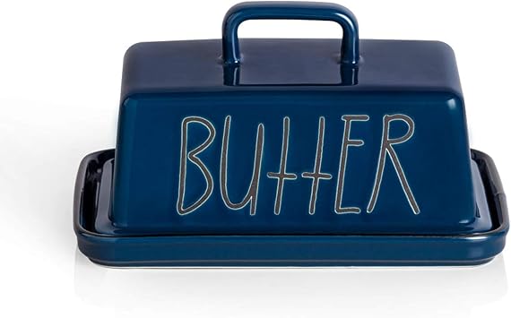 Sweejar Ceramic Butter Dish with Handle Lid, 7.3 Inch Porcelain Large Butter Keeper with Cover, Perfect for East/West Butter Navy