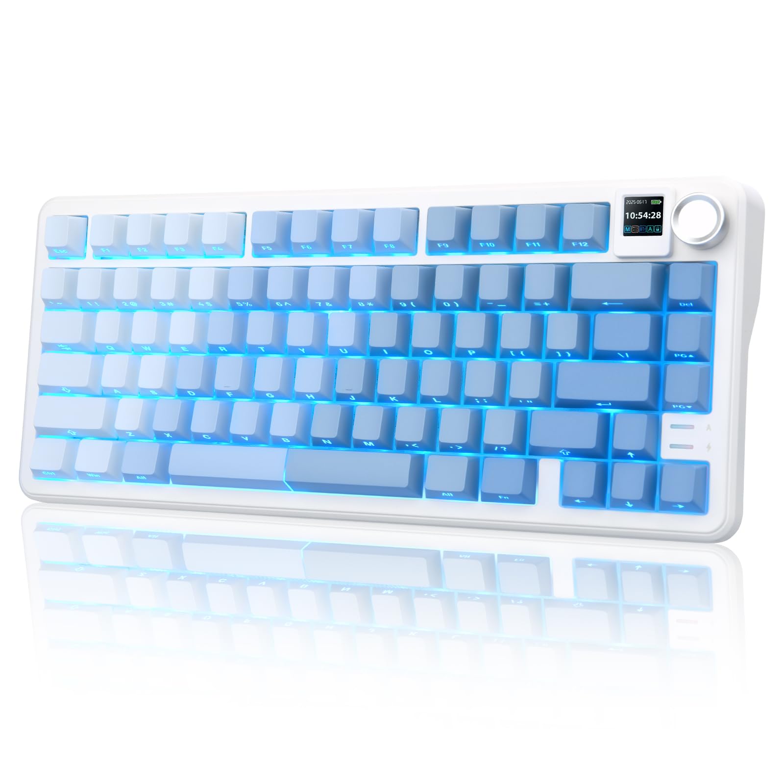 Rii Tastiera meccanica wireless da gioco con display TFT e manopola, tastiera cremosa sostituibile a caldo con retroilluminazione RGB, trimodalità BT/2.4G/USB-C, per Windows/Mac/Linux (blu)