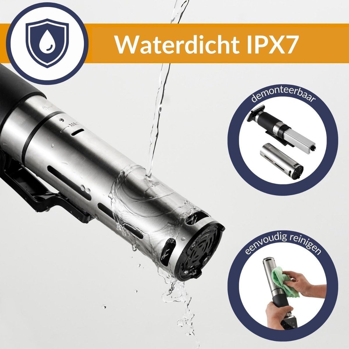 Illustration of the Sommertal TS1300 Sous Vide Stick being rinsed under water, highlighting its IPX7 waterproof rating and detachable parts for easy cleaning.