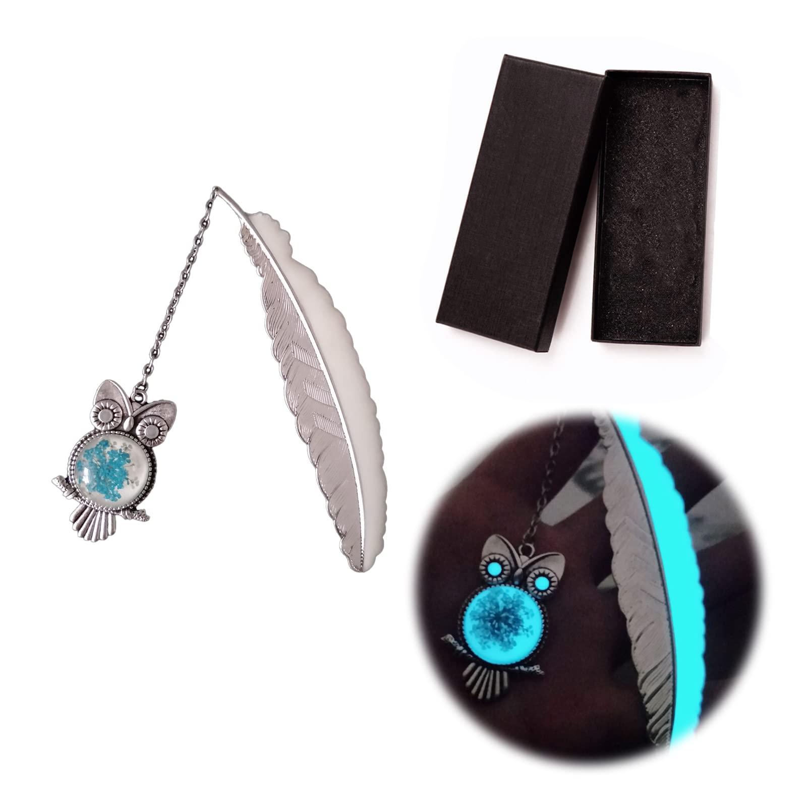 WOOXDYUK Marcapáginas vintage de metal con plumas, retro, brilla en la oscuridad, regalo para hombres y mujeres amantes (búho plateado)