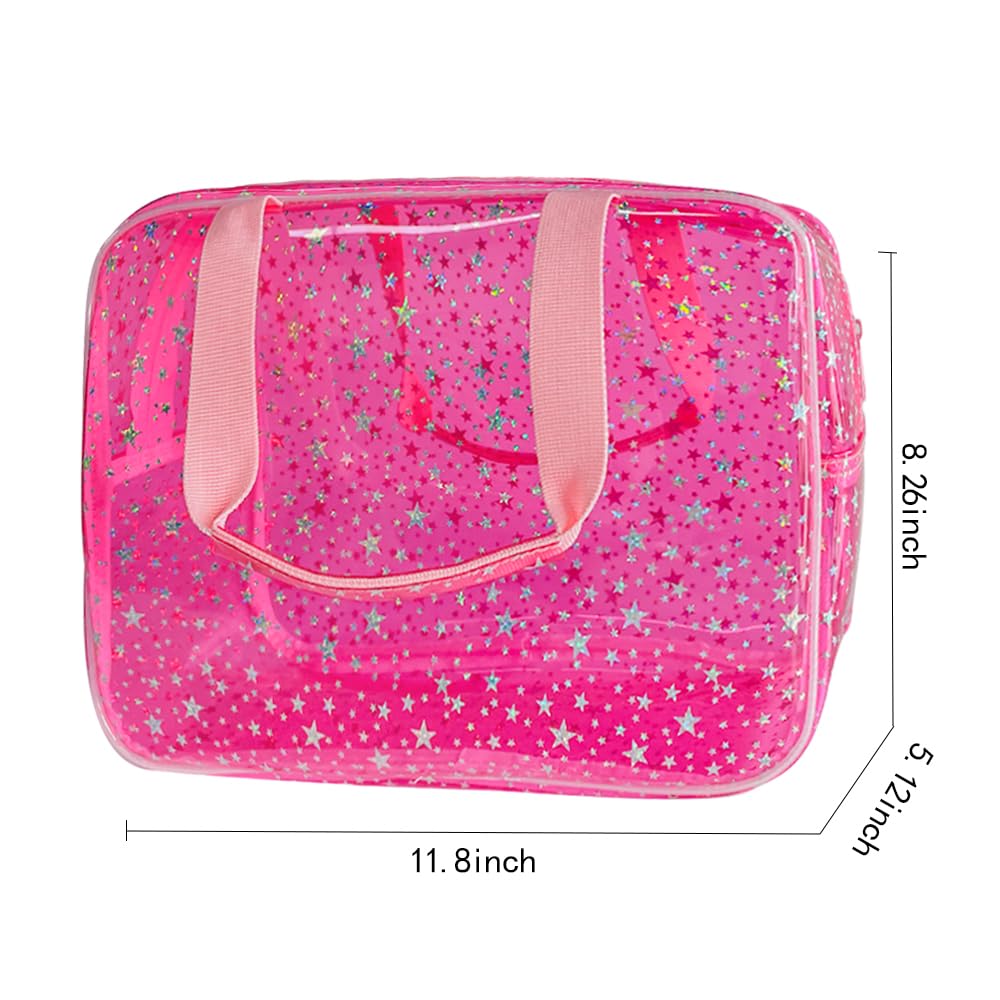 TotePrint Clear Pink Star Large Cosmetic Bag 12x5x8 inch Travel Pouch with Handle,Durable PVC Material,Zipper Design-Ideal for Makeup,Travel Essentials