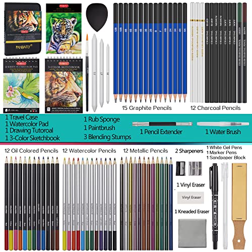Pandafly P916-80 Pack Drawing Set Sketching Kit, Pro Art Supplies With 3-Color Sketchbook, Watercolor Pad, Colored, Graphite, Charcoal, Metallic Pencil, For Artist Adults Kids Beginner thumb #1