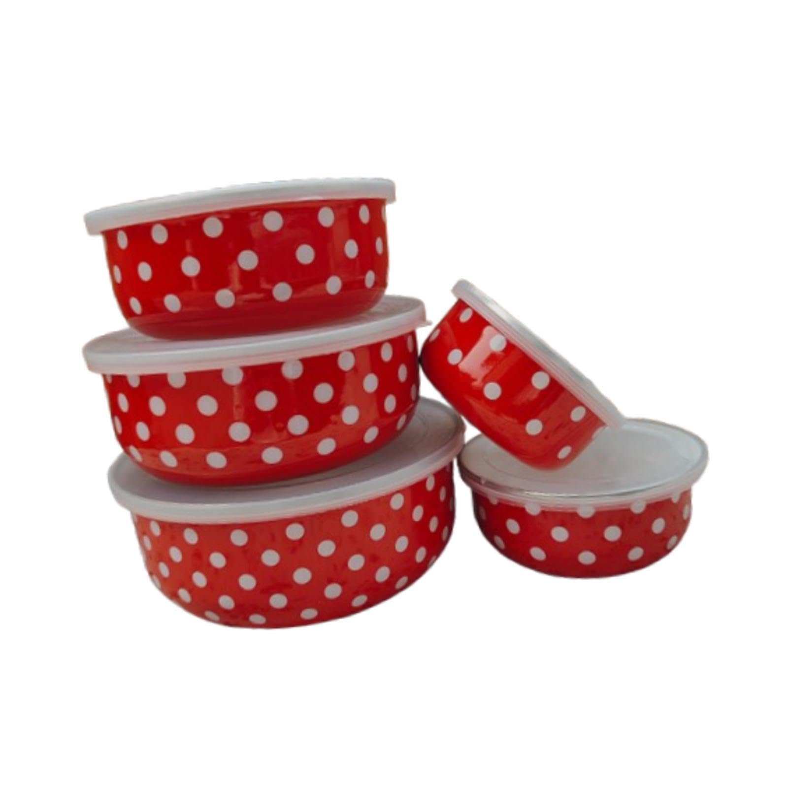 Sharplace 5pcs Email Bedeckte Schalen Lagerbehälter Tabelle Geschirr Mehrzwecknistlager -Set Früchte Salatschalen zum Vorbereiten des Backens, Rot