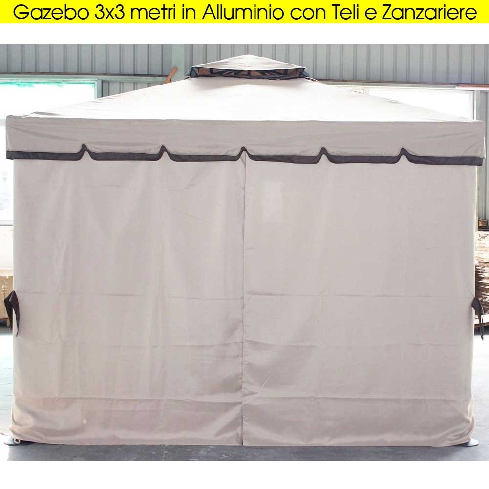 Bakaji Gazebo da Giardino 3x3 Mt Struttura in Alluminio con Copertura Telo 450 gr/mq Ghiaccio con Spalmatura Anti-UV. Antipioggia, completo di 4 Zanzariere e 4 Teli Laterali