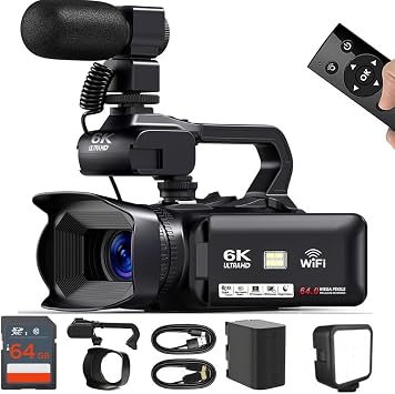 Acuvar 4K/6K Camcorder Video Camera 64MP 60FPS Vlogging Camera for YouTube, WiFi, LED Light, Mic, 64GB SD Card Live Stream Webcam