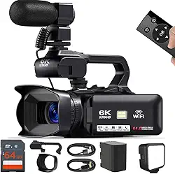 Acuvar Câmera de vídeo HD 6K, filmadora de 64 MP 60 FPS, 6 K, com microfone, WiFi, luz LED, cartão SD de 64 GB, bateria, webcam de transmissão ao vivo, câmera de vídeo do YouTube para criadores de