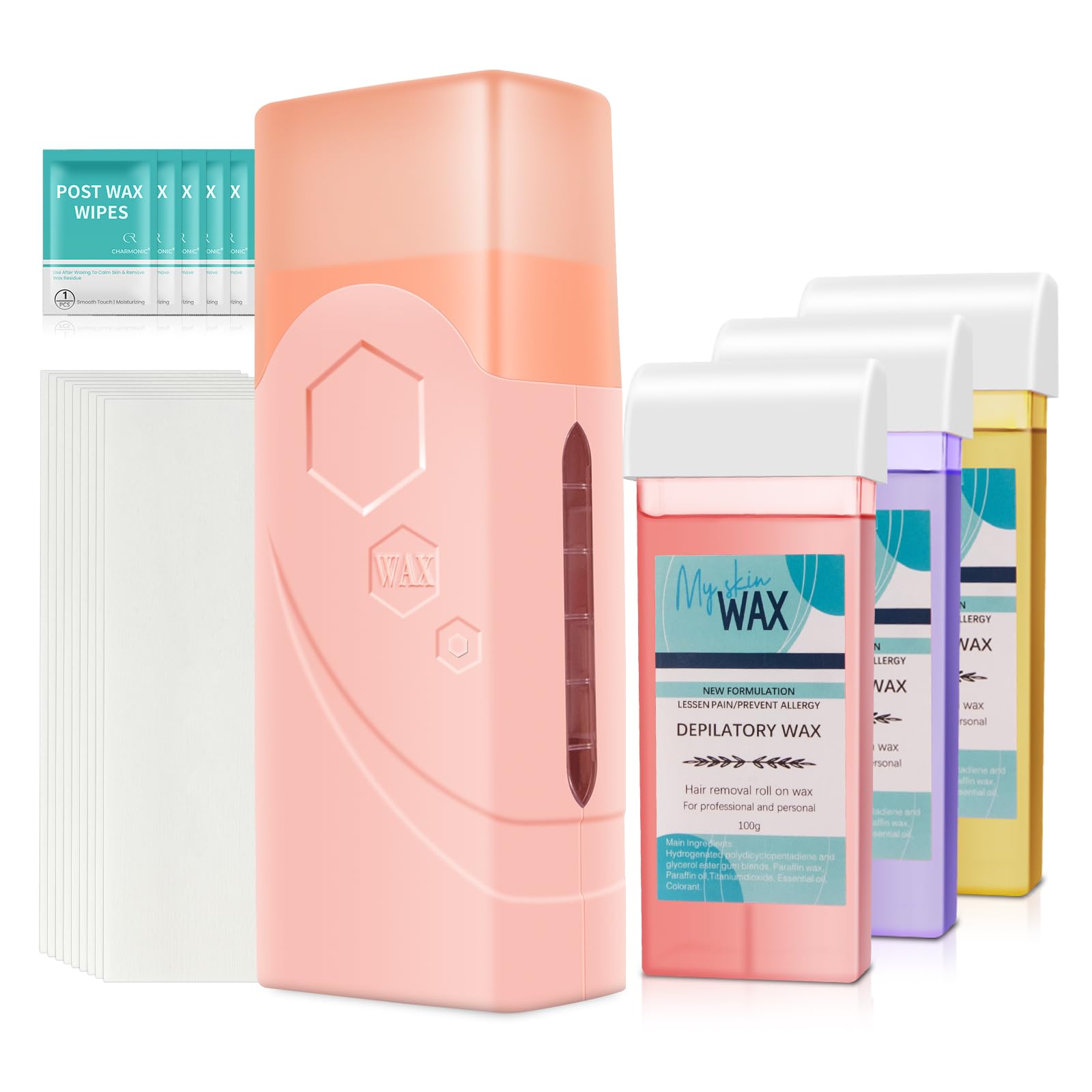 Roll On Wax Kit, Portable Wax Roller Kit for Hair Removal, Beginners Waxing Kit Soft Heater for All Skin Types with 3 Pcs 100g Roll on Cartridge, 100 Non-Woven Strips & 10 After Oil Wipes (Pink)