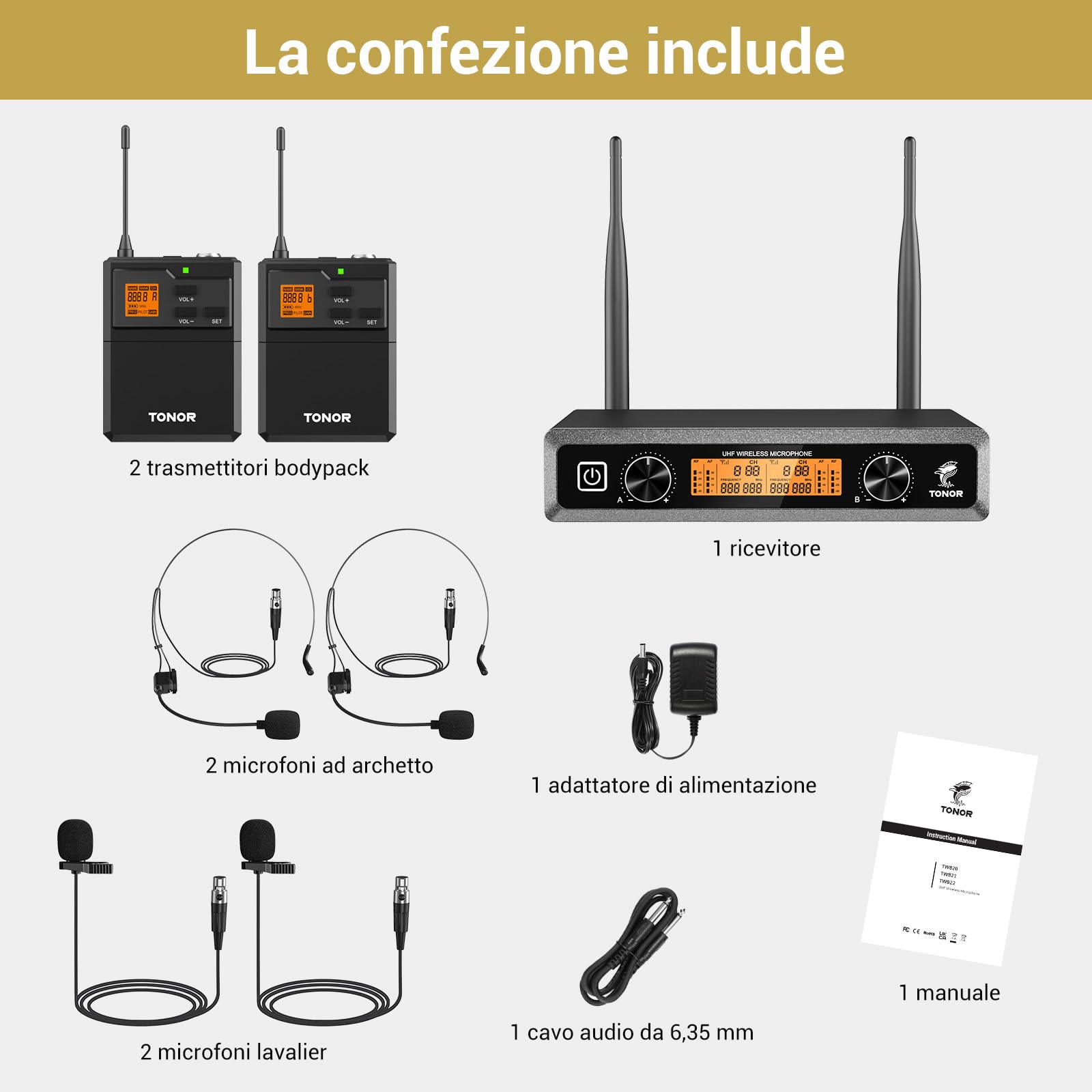 TONOR Sistema Microfono Wireless con Microfono archetto/Lavalier Microphone e Trasmettitore Bodypack e Ricevitore Metallici, 2x5 frequenze UHF, Distanza 60M Segnale stabile per Prestazioni Live