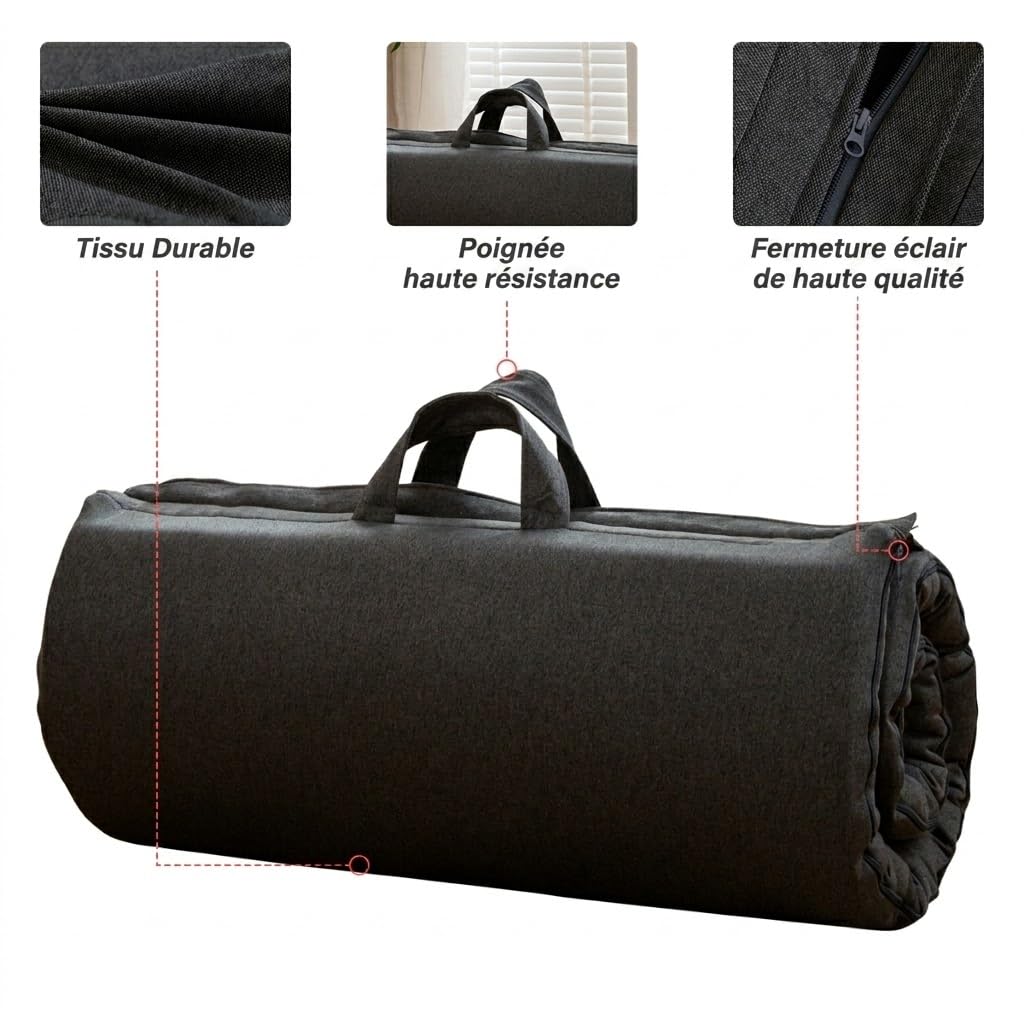 MAXYOYO Matelas Futon Pliable Portable, Tissu hypoallergénique et Coussin de Matelas en Mousse avec poignée et Fermeture à glissière pour d'invité en intérieur Camping extérieur