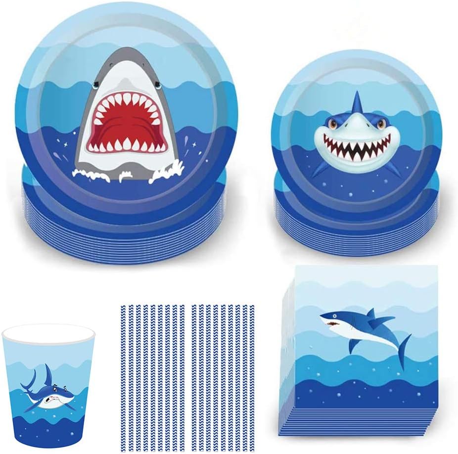 PULNDA Shark Disposable Tableware Set, 69Pcs Shark Party Supplies with Plates Napkins Cups and Straws for Kids Birthday Baby Shower Pool Party Dinner Dessert - 8 Guests