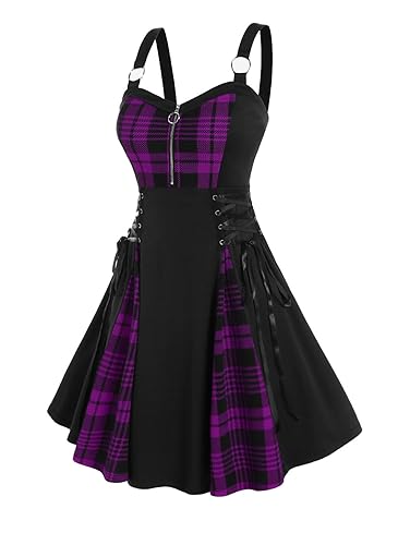 ROSE GAL Gothic Lace Up Plaid Half Zipper Fit and Flare Gothic Dress - Purple_1 - Large Plus