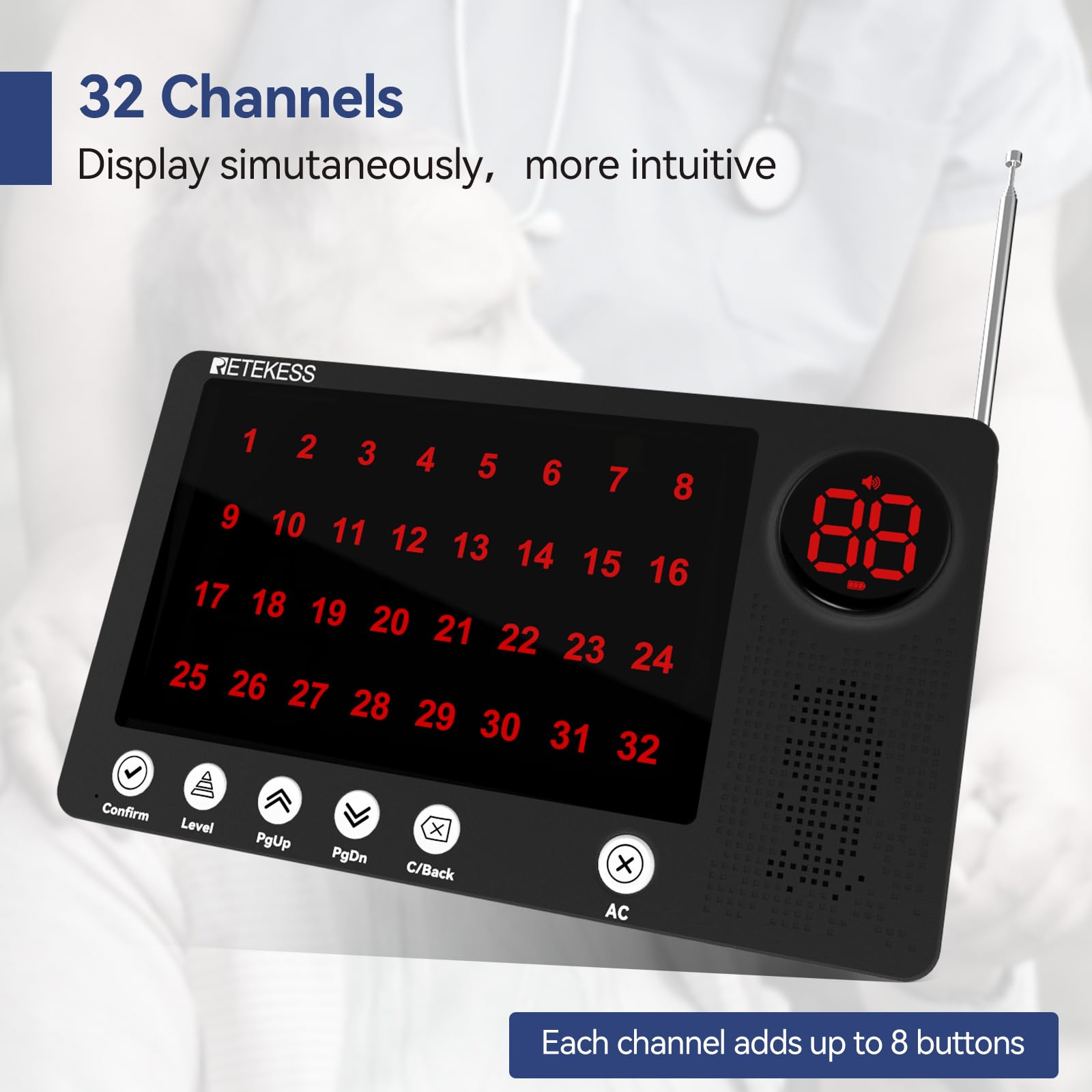 Retekess TH107 Bouton d'Appel d'urgence pour Personnes âgées, Système d'Appel d'urgence, Affichage 32 Bits, Distance d'Appel de 300m, 10 Langues et 3 Invites, pour Clinique, Hôpital