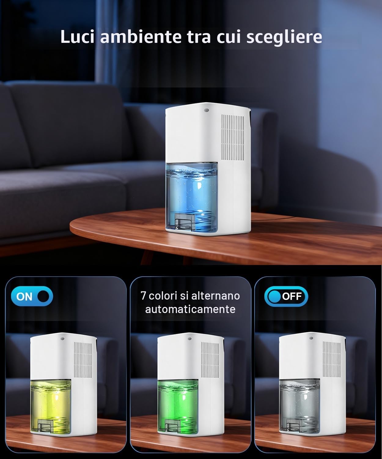 Mini Deumidificatore Elettrico 2600ml, con Luce Cambiante e Funzione di Sbrinamento - Modo Notte Silenzioso 40dB per Camera da Letto, Cucina, Cantina, Anti-Umidità