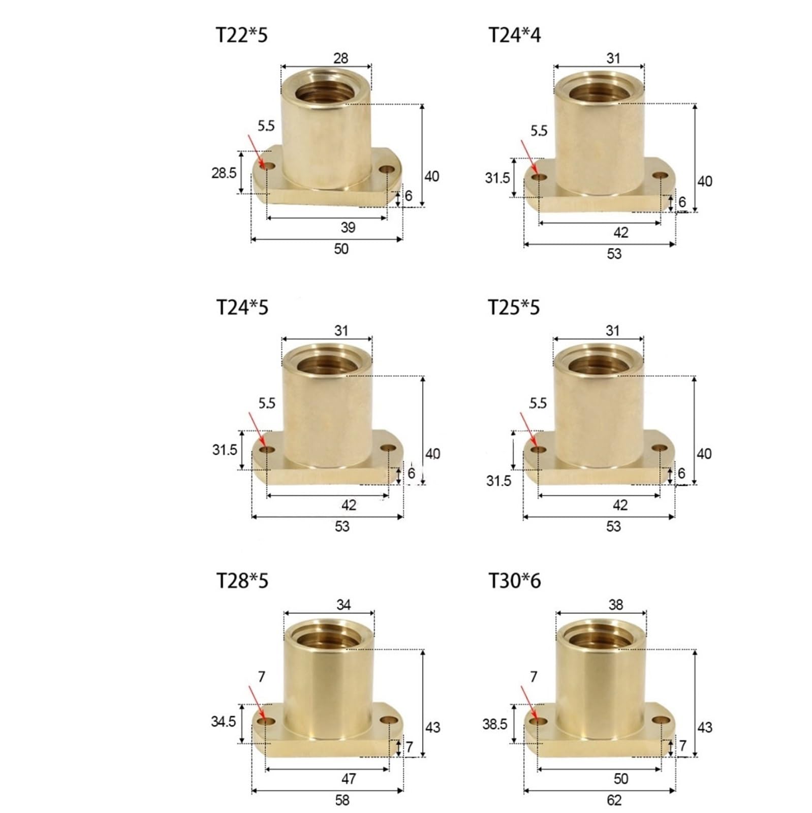 roscado juego Tuerca de tornillo de latón con rosca trapezoidal T10 T12 T14 T16 T18 T20 T22 T24 T25 T28 T40, brida de tornillo de avance, tuerca de latón, rosca derecha e izquierda tornillo trapezoida