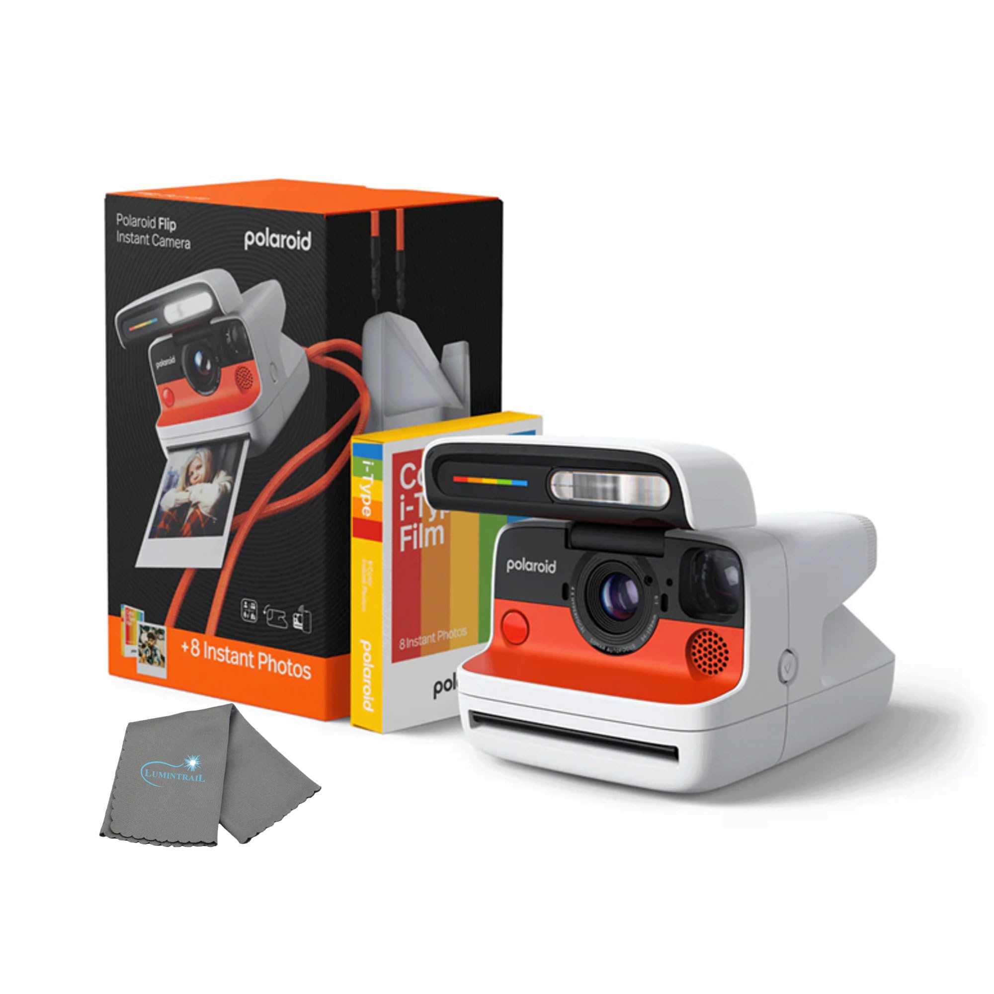 polaroid flip instant camera + color film bundle (8 photos included) - white - hyperfocal 4-lens system, sonar autofocus, and scene analysis, bluetooth companion app, with lens cleaning cloth