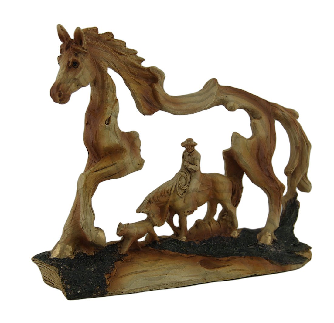 Zeckos The Wrangler Cowboy In Horse Faux Carved Wood Openwork Statue Western Décor