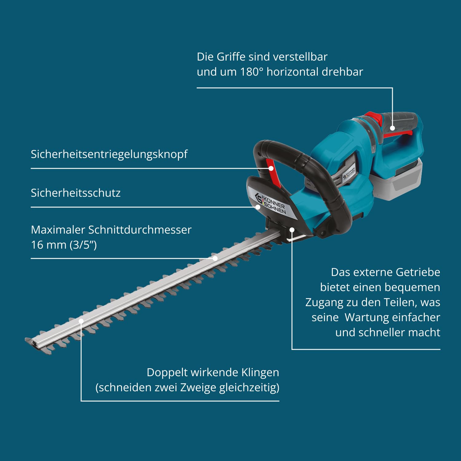 Akku-Heckenschere KS HT-20V, Nennspannung 20 V, Leerlaufgeschwindigkeit 1550 Hübe pro Minute, Schnittlänge 22” (55 cm), Maximaler Schnittdurchmesser 16 mm