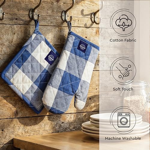 Image of Encasa XO Heat Resistant 100% Cotton Oven Glove & Potholder Set with Loop, Kitchen Cooking Mittens, Microwave Safe Hot Pads (Buffalo Blue Checks)