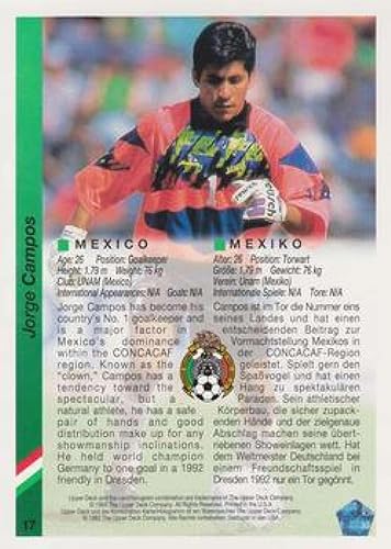 Miniatura 2 de 1993 Upper Deck World Cup Preview (inglésalemán) #17 Jorge Campos México - Tarjeta oficial de fútbol de la FIFA WC en estado Raw (NM o mejor)