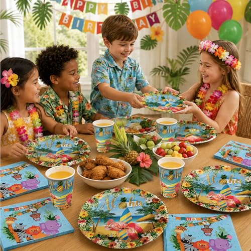 Image of Rozi Decoration 30 Pcs Tropical Aloha Party Supplies Set - Includes 10 Dessert Plates, 10 Paper Cups, 10 Napkins - Hawaiian Luau Theme Birthday Decorations