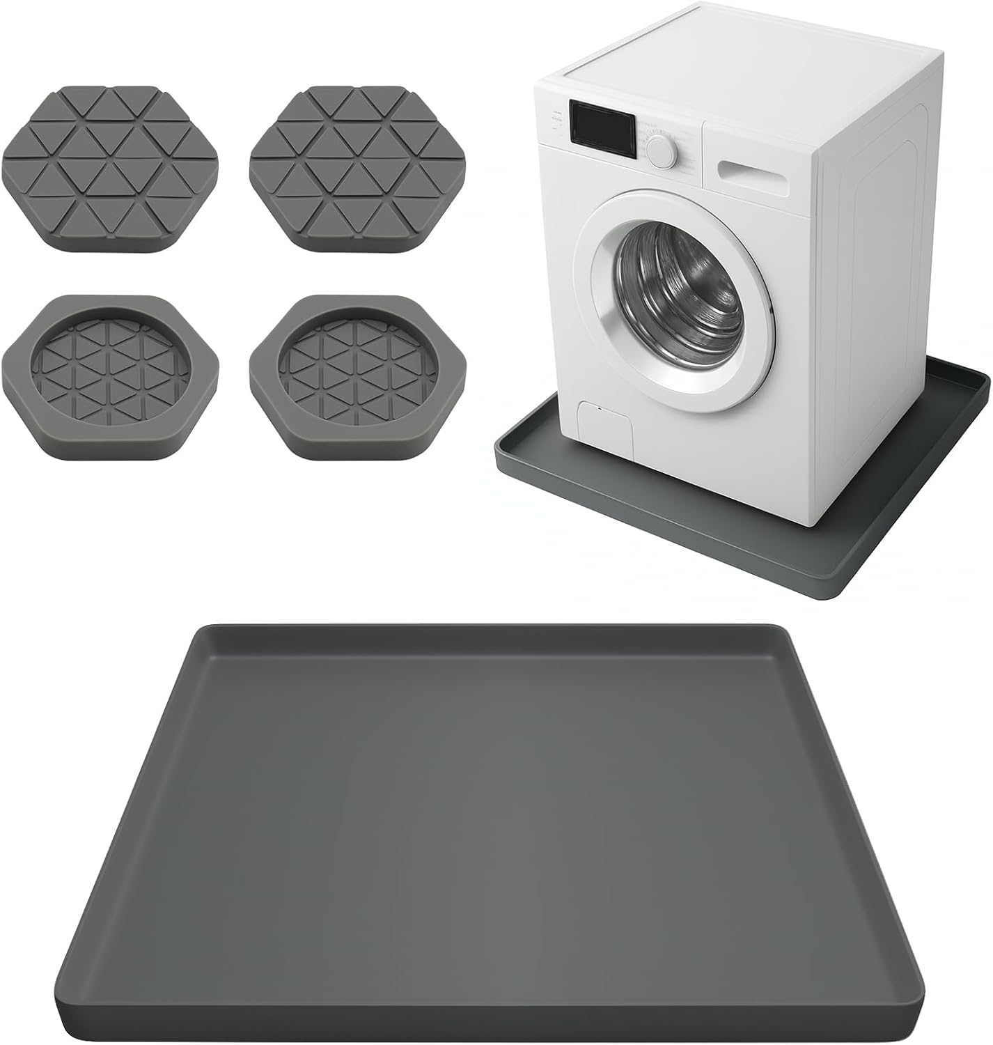 27" X 27" Washer Tray for Floor Protection, Washing Machine Drain Pan Silicone Mat with 4Pcs Anti Vibration Pads for Dryer, Washer, Refrigerator