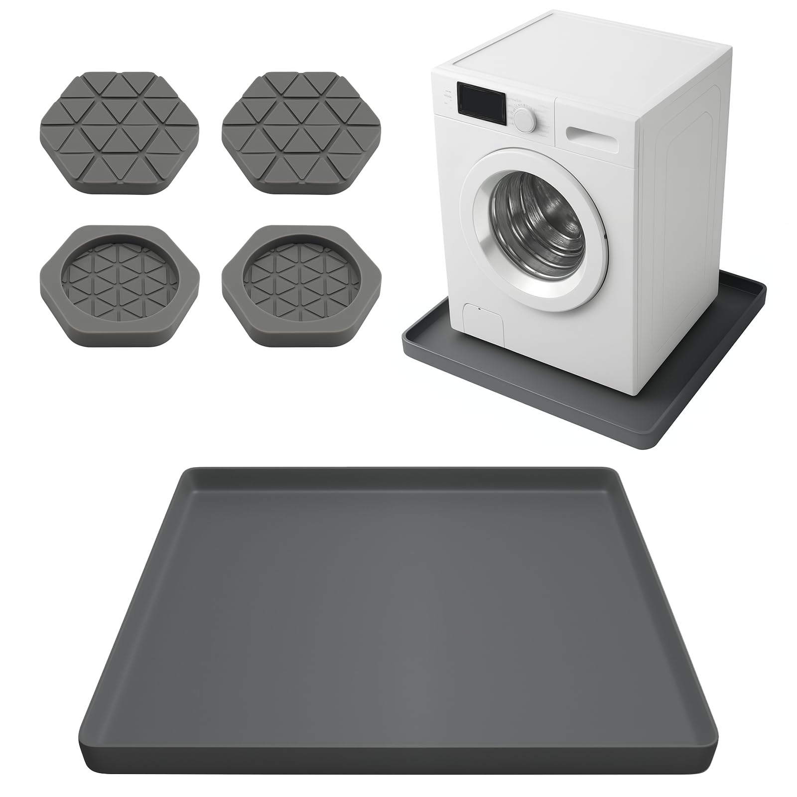 GEZVCMO 68.5cm x 68.5cm Washer Tray for Floor Protection, Washing Machine Drain Pan Silicone Mat with 4Pcs Anti Vibration Pads for Dryer, Washer, Refrigerator