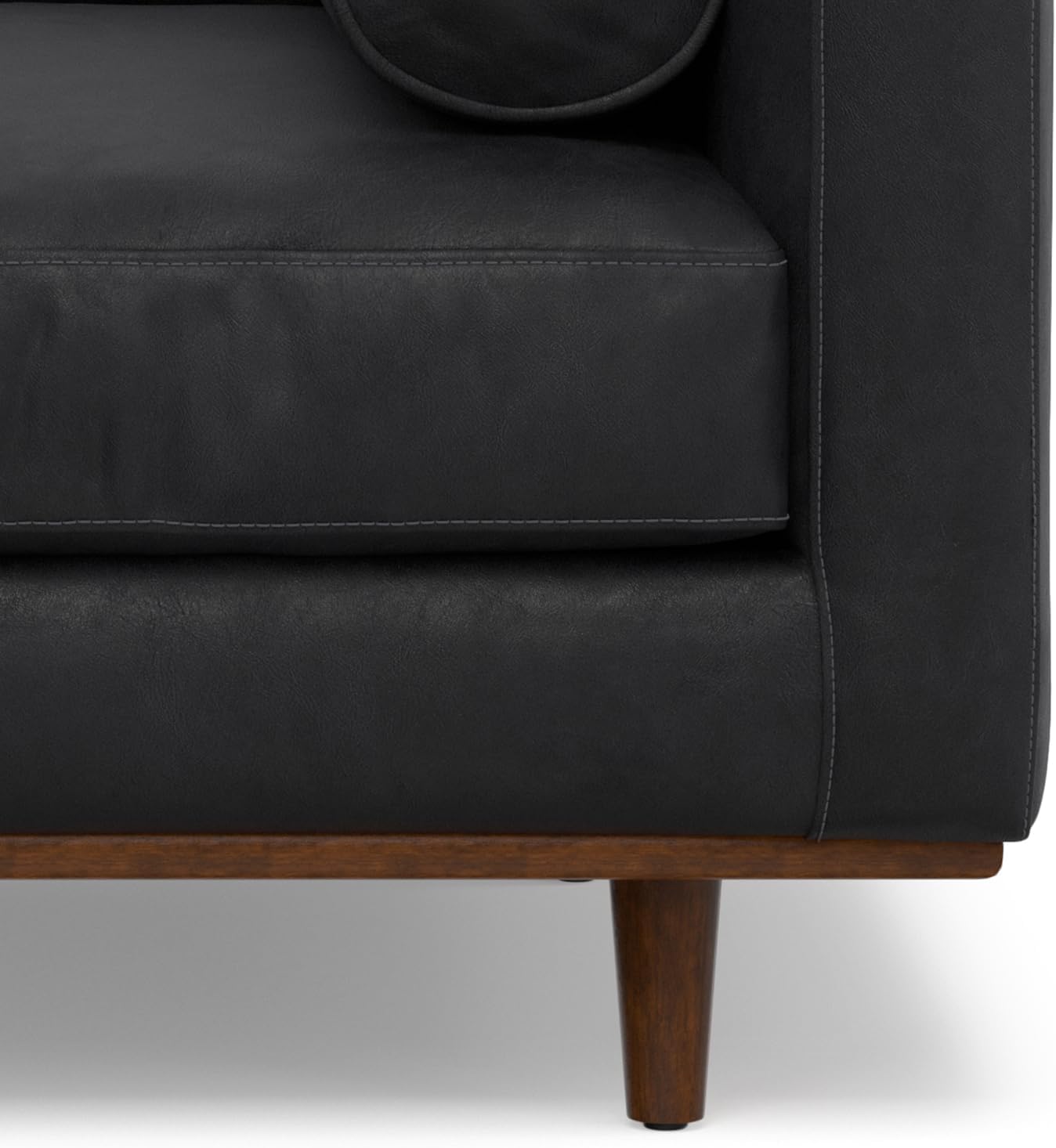SIMPLIHOME Morrison Arm Chair - 42 inch Wide Upholstered Genuine Leather Mid-Century Modern Accent Chair in Graphite Grey with Solid Wood Legs, Reversible Bolster Pillows and Reclined Back