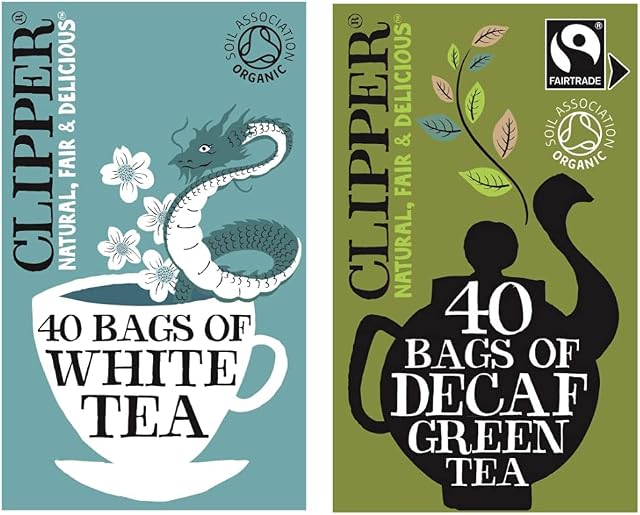 Clipper Teas Ltd Fairtrade Organic White Tea 40 Unbleached, Plastic-Free Bags, 70 g & Teas Ltd, Fairtrade Organic Decaf Green Tea Tea Bags 80 g, 40 count (Pack of 1)