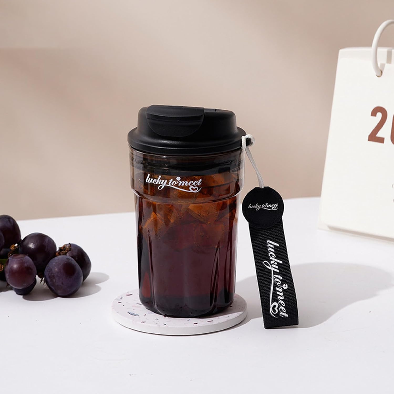 16oz Coffee Cup Cold Water Bottle, Clear and Transparent Cup, 100% Leakproof One Hand, Narrow Spout Easy Carried for Women, Men, Office School Travel, Black