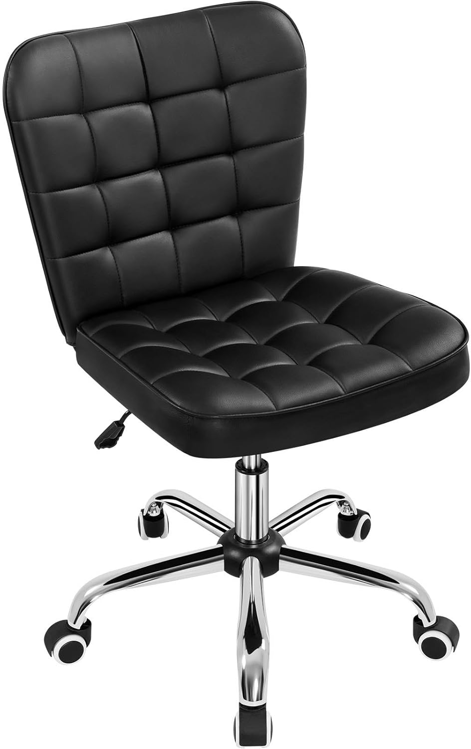 Yaheetech Modern Tufted Armless Desk Office Chair Faux Leather Upholstered Computer Chair with Adjustable Seat Height and Rolling Wheels for Home/Office, Black - Thumbnail 2
