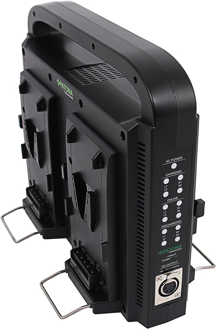 PATONA V-Mount 4-Channel Smart Charger, side view showing LED indicators for AC power, charging, online status, and discharging.