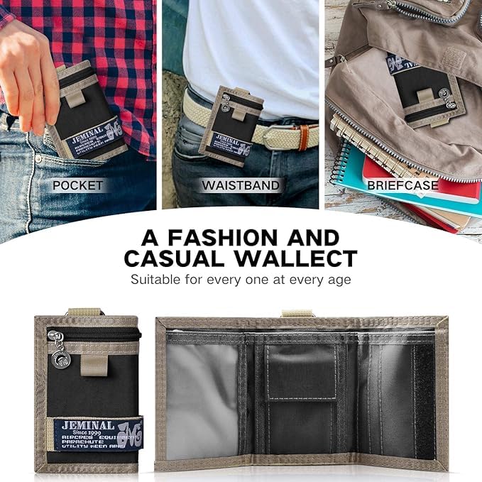 JEMINAL Trifold Wallet for Men Canvas Outdoor Sports Keychain Wallet with Multiple Card Slots and ID Window Black Gifts for Dad from Son Daughter Wife3