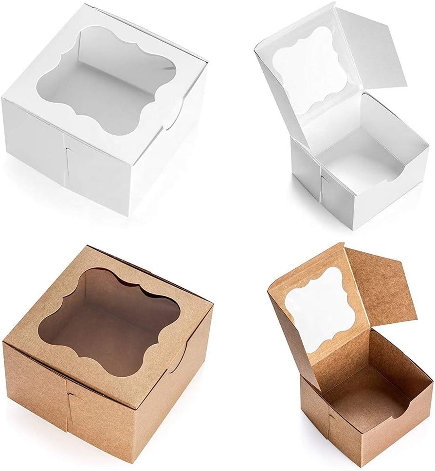 20 Cardboard White & Brown Bakery Boxes with Clear Window,(4x4x2.5inch) SQUARE Kraft PAPER GIFT Pie Cookie BAKERS Cake Box with Natural Disposable Storage, Transport Of Your Creations
